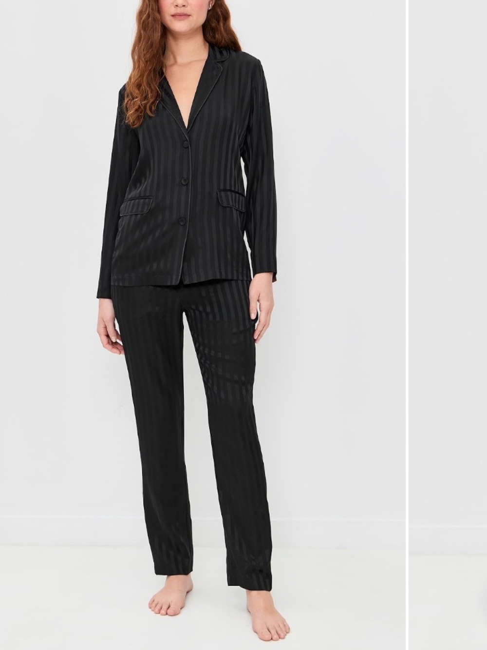 LUNYA NWOT Silk Striped Jacquard Tuxedo Pajama Set in Immersed Black Size M